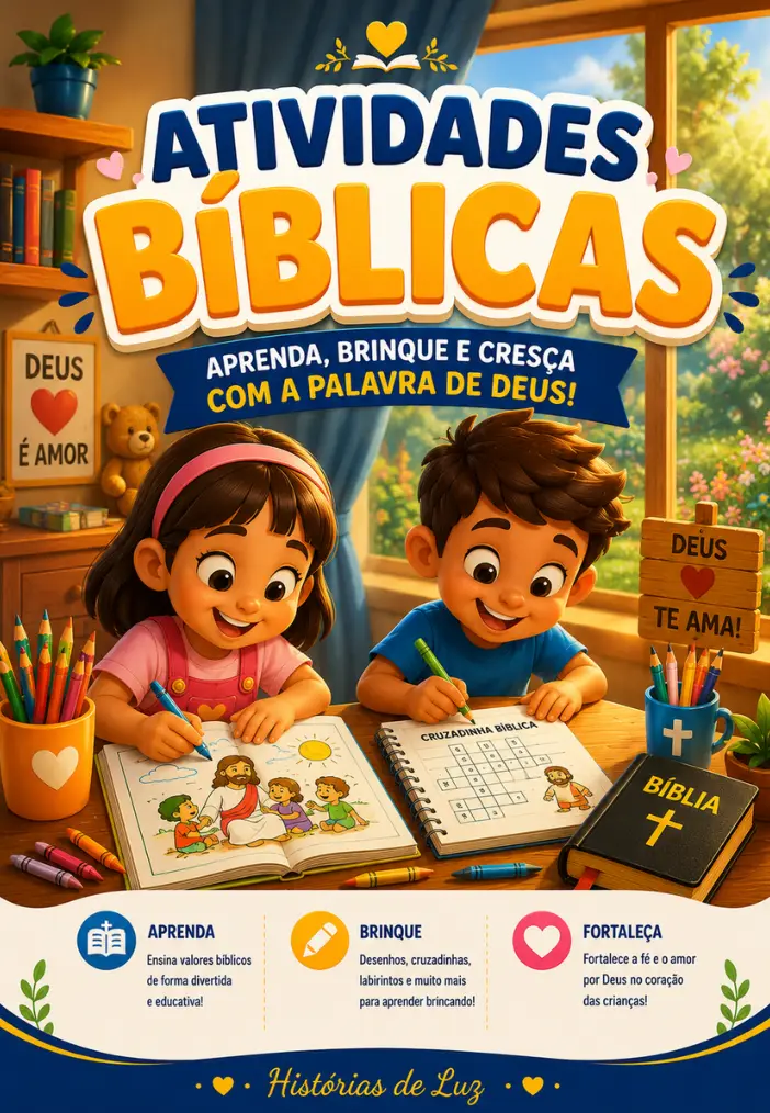 Livro de atividades bíblicas infantis impresso sobre a mesa com lápis de cor